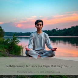 A serene and introspective scene featuring a young person sitting cross-legged on a tranquil lakeside at sunrise