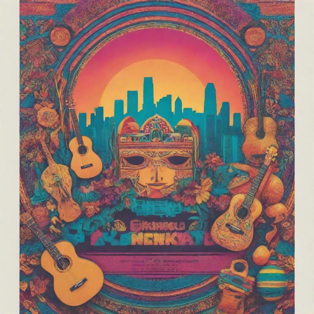 A music festival poster combining Instagram aesthetics with iconic elements of Mexico City, including the skyline, Aztec symbols, and vibrant colours. Include several musical instruments to signify the musical aspect and festive decorations as well for extra vibrancy.