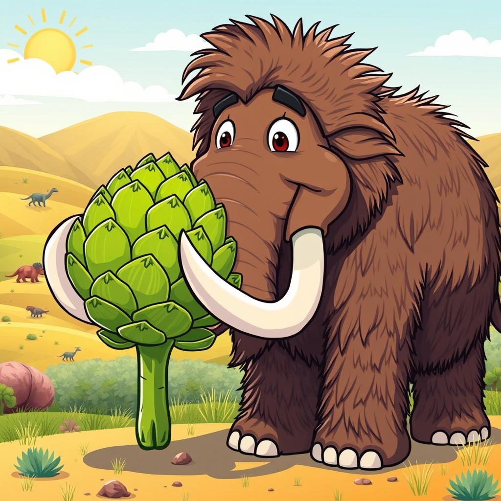 A whimsical scene featuring a cartoonish mammoth, cheerfully holding a large artichoke with its trunk