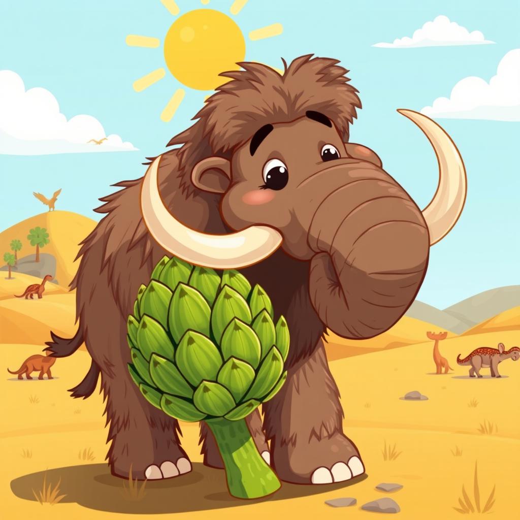 A whimsical scene featuring a cartoonish mammoth, cheerfully holding a large artichoke with its trunk