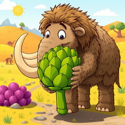 A whimsical scene featuring a cartoonish mammoth, cheerfully holding a large artichoke with its trunk