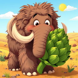 A whimsical scene featuring a cartoonish mammoth, cheerfully holding a large artichoke with its trunk