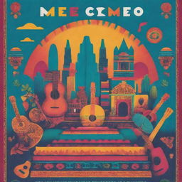 A music festival poster combining Instagram aesthetics with iconic elements of Mexico City, including the skyline, Aztec symbols, and vibrant colours. Include several musical instruments to signify the musical aspect and festive decorations as well for extra vibrancy.