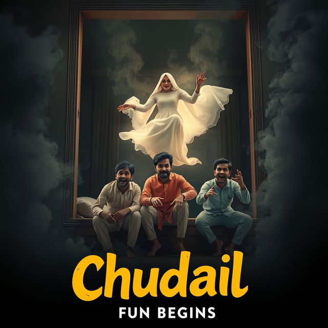 A cinematic horror comedy film poster titled 'Chudail: Fun Begins', showcasing a beautiful 30-year-old female ghost in an elegant white dress, gracefully flying in a sitting position within a large, ominously lit flat