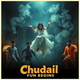 A cinematic horror comedy film poster titled 'Chudail: Fun Begins', showcasing a beautiful 30-year-old female ghost in an elegant white dress, gracefully flying in a sitting position within a large, ominously lit flat