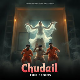 A cinematic horror comedy film poster titled 'Chudail: Fun Begins', showcasing a beautiful 30-year-old female ghost in an elegant white dress, gracefully flying in a sitting position within a large, ominously lit flat