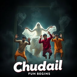 A cinematic horror comedy film poster titled 'Chudail: Fun Begins', showcasing a beautiful 30-year-old female ghost in an elegant white dress, gracefully flying in a sitting position within a large, ominously lit flat