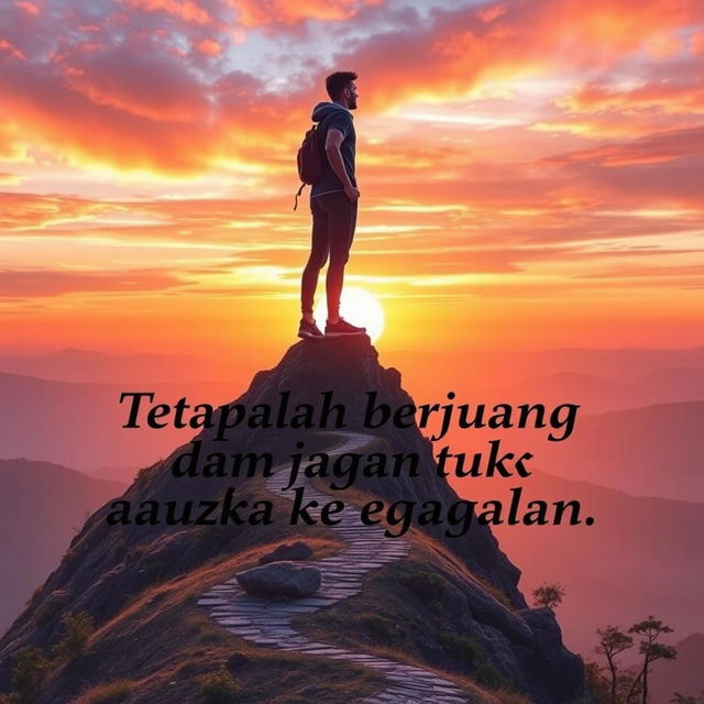 A motivational scene depicting a determined person standing on a mountain peak at sunset, with a vibrant sky filled with oranges, pinks, and purples