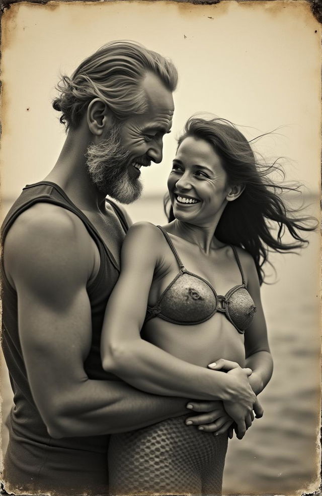 Aged and damaged black and white photograph depicting a 50-year-old bearded fisherman carrying a real mermaid