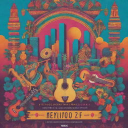 A music festival poster combining Instagram aesthetics with iconic elements of Mexico City, including the skyline, Aztec symbols, and vibrant colours. Include several musical instruments to signify the musical aspect and festive decorations as well for extra vibrancy.