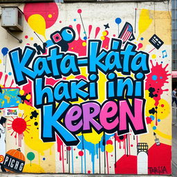 An artistic representation of the phrase 'Kata-kata hari ini Keren' beautifully integrated into a colorful street art mural