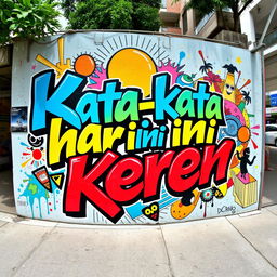An artistic representation of the phrase 'Kata-kata hari ini Keren' beautifully integrated into a colorful street art mural