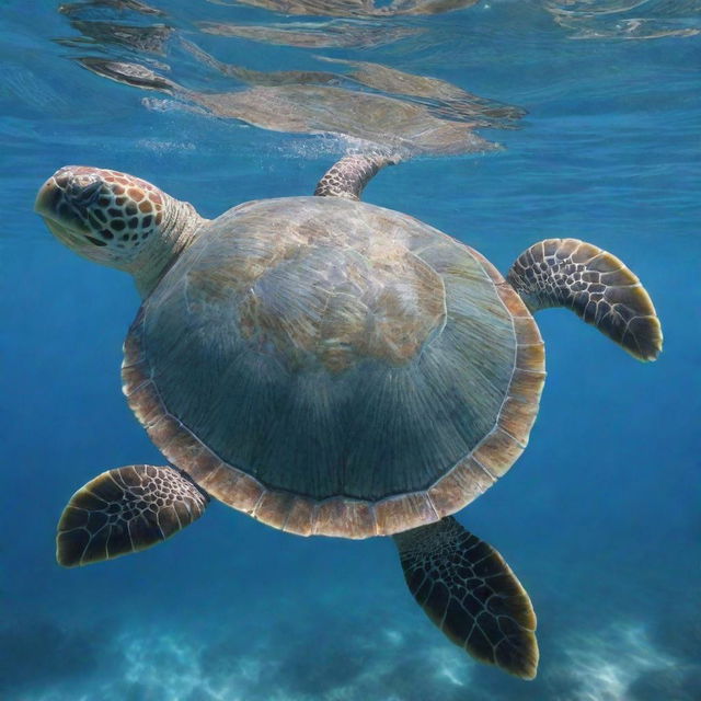 An intricately designed image of a charming turtle, with a detailed shell design, swimming gently in the clear blue ocean waters.