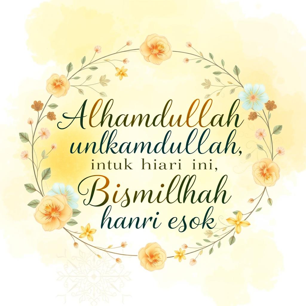 The phrase 'Alhamdulillah untuk hari ini, Bismillah untuk hari esok' beautifully illustrated in an artistic calligraphy style