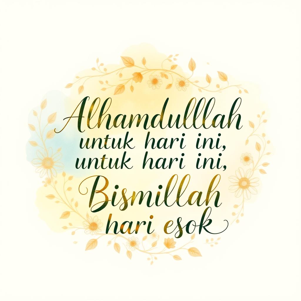 The phrase 'Alhamdulillah untuk hari ini, Bismillah untuk hari esok' beautifully illustrated in an artistic calligraphy style