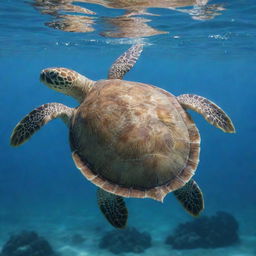 An intricately designed image of a charming turtle, with a detailed shell design, swimming gently in the clear blue ocean waters.