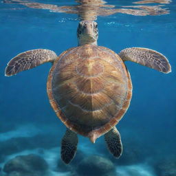 An intricately designed image of a charming turtle, with a detailed shell design, swimming gently in the clear blue ocean waters.