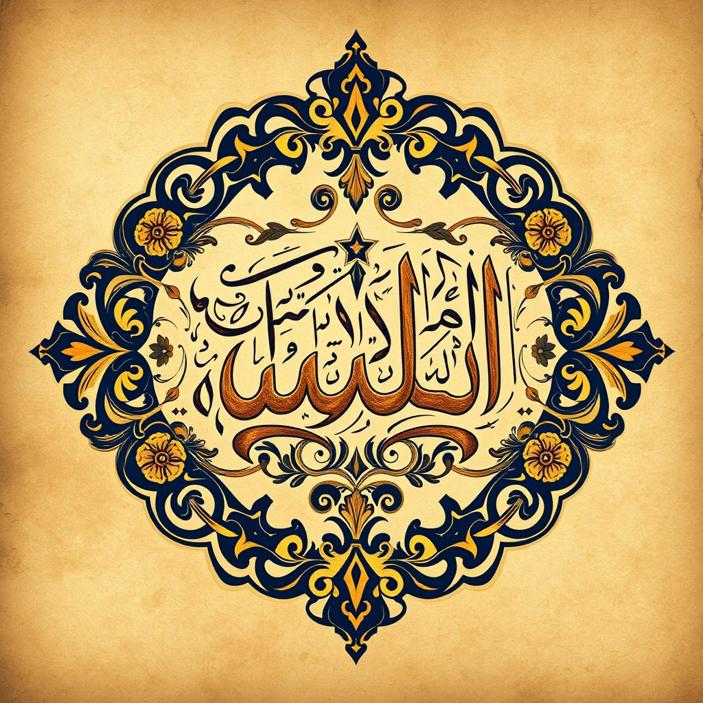 The beautifully intricate calligraphy of the name 'Allah' in Arabic, surrounded by decorative floral patterns and geometric designs, showcasing traditional Islamic art styles, rendered in rich colors like gold and deep blue