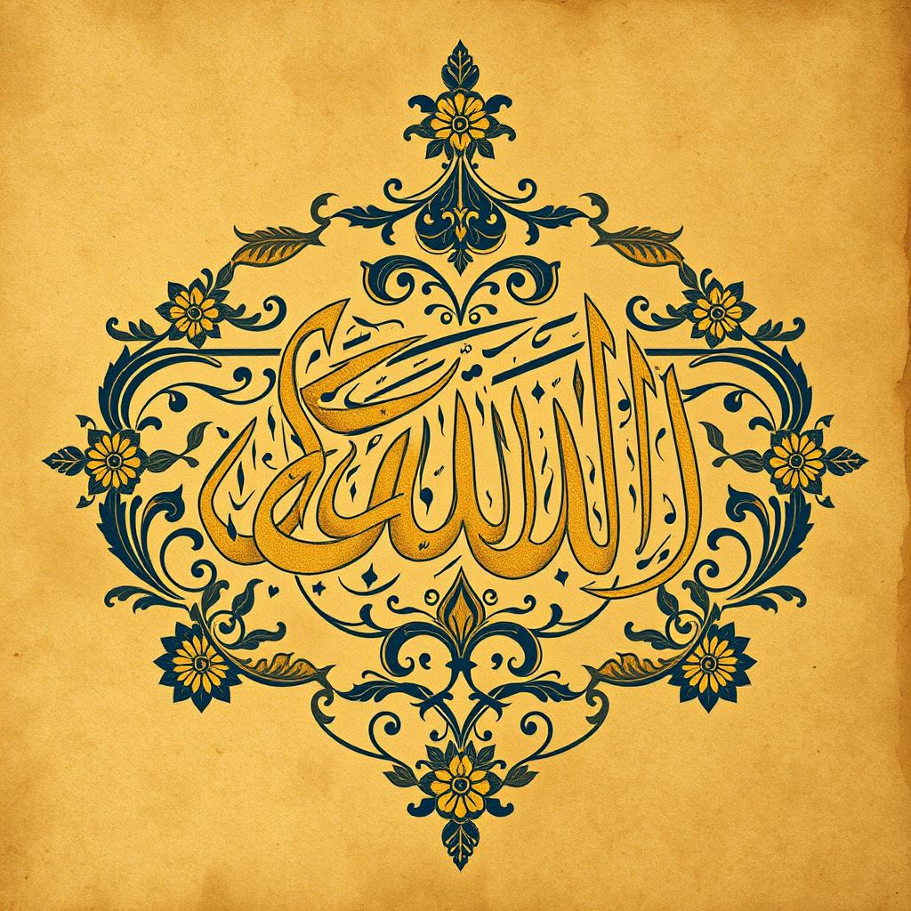 The beautifully intricate calligraphy of the name 'Allah' in Arabic, surrounded by decorative floral patterns and geometric designs, showcasing traditional Islamic art styles, rendered in rich colors like gold and deep blue