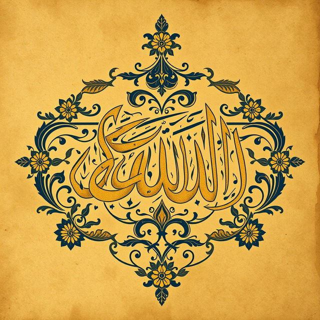 The beautifully intricate calligraphy of the name 'Allah' in Arabic, surrounded by decorative floral patterns and geometric designs, showcasing traditional Islamic art styles, rendered in rich colors like gold and deep blue