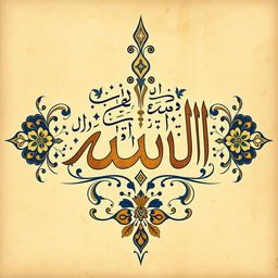 The beautifully intricate calligraphy of the name 'Allah' in Arabic, surrounded by decorative floral patterns and geometric designs, showcasing traditional Islamic art styles, rendered in rich colors like gold and deep blue