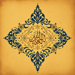 The beautifully intricate calligraphy of the name 'Allah' in Arabic, surrounded by decorative floral patterns and geometric designs, showcasing traditional Islamic art styles, rendered in rich colors like gold and deep blue