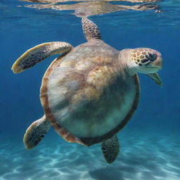 An intricately designed image of a charming turtle, with a detailed shell design, swimming gently in the clear blue ocean waters.