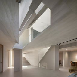 The interior of a second floor featuring an internal stairway, designed with contemporary aesthetic and innovative architectural elements.