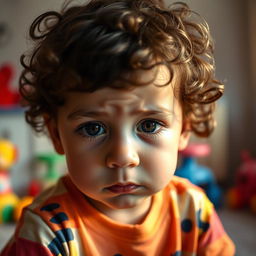 A close-up of a young child with tear-filled eyes, showcasing a moment of deep sadness