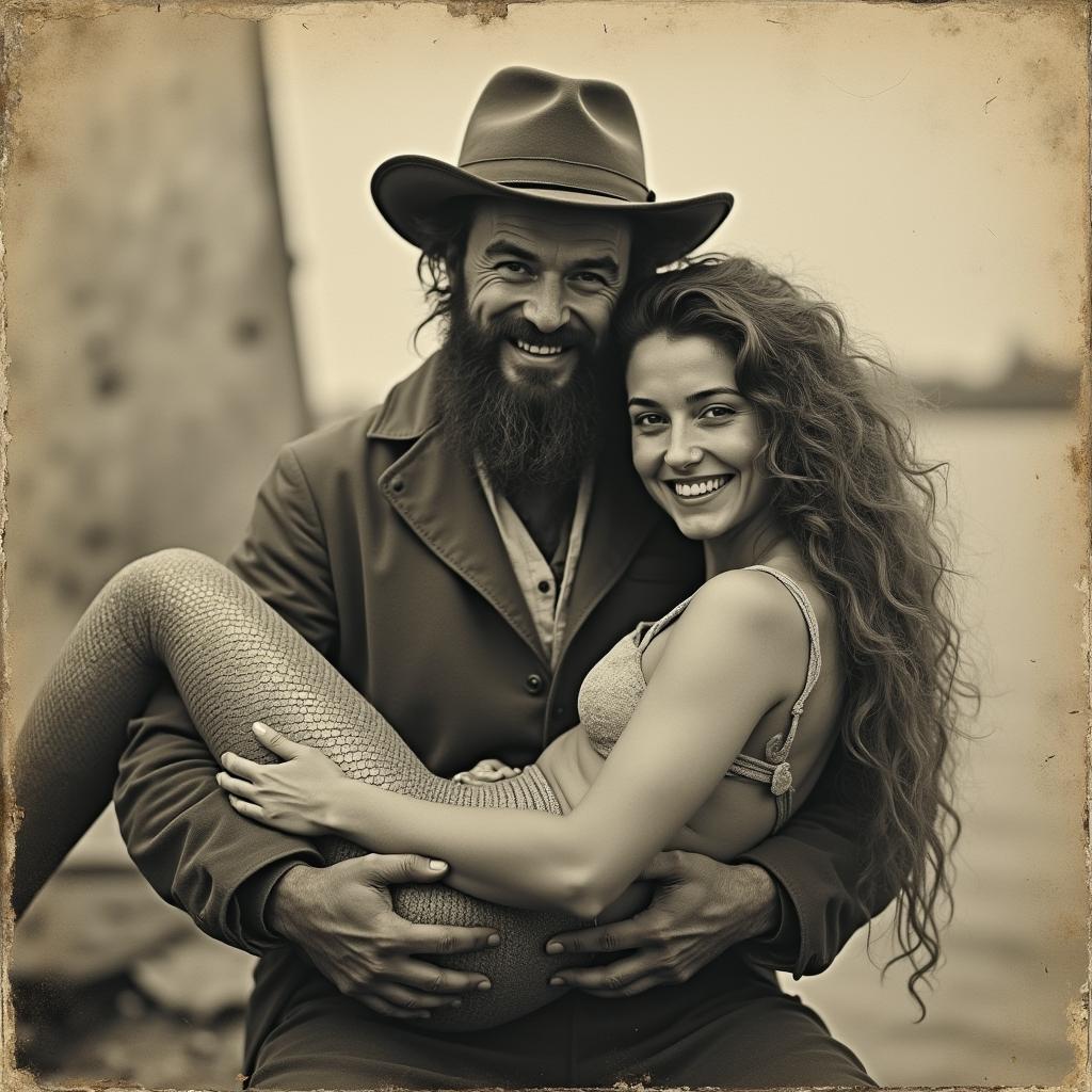 A 19th-century black and white photograph, aged and damaged, featuring a faded and yellowing wide angle shot of a scruffy bearded fisherman carrying a real mermaid