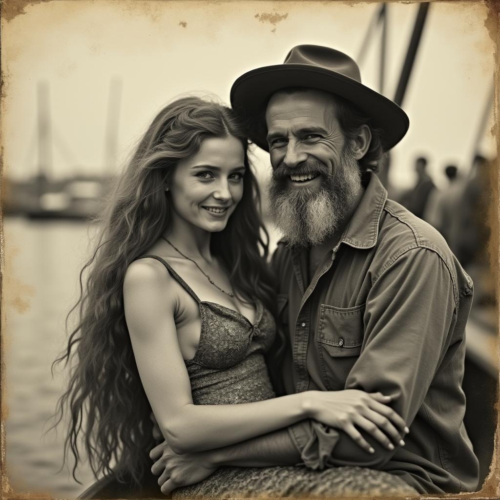 A 19th-century black and white photograph, aged and damaged, featuring a faded and yellowing wide angle shot of a scruffy bearded fisherman carrying a real mermaid