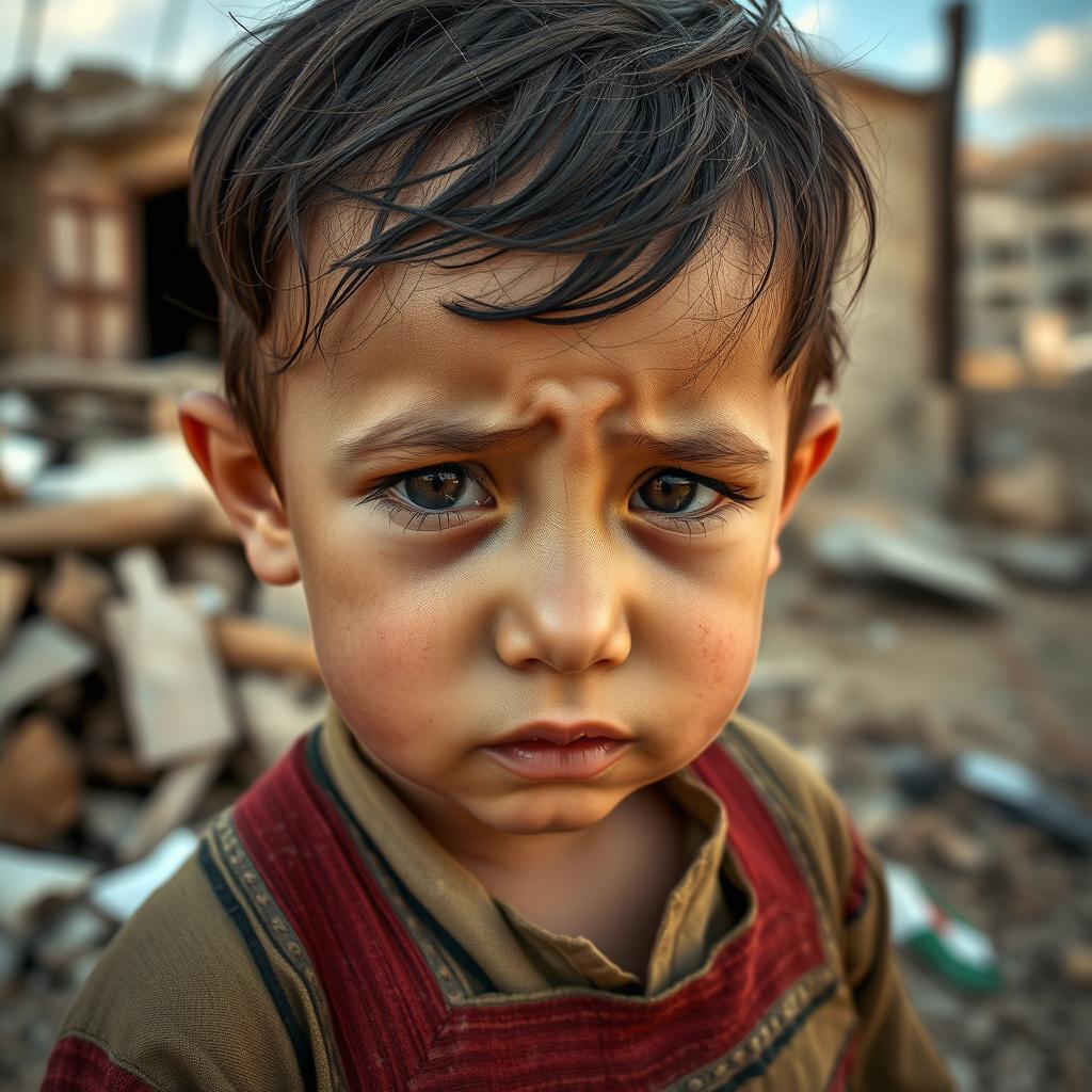 A poignant scene capturing a young Palestinian child in a moment of distress, with tears streaming down their cheeks