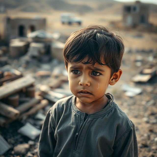 A poignant scene capturing a young Palestinian child in a moment of distress, with tears streaming down their cheeks