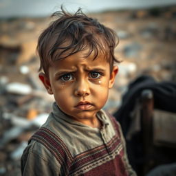 A poignant scene capturing a young Palestinian child in a moment of distress, with tears streaming down their cheeks