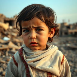 A poignant scene capturing a young Palestinian child in a moment of distress, with tears streaming down their cheeks