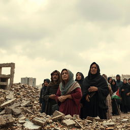 A somber representation of the aftermath of an Israeli attack on Gaza, illustrating the profound sadness affecting Palestinian citizens