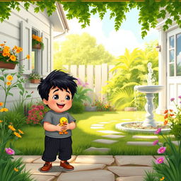 A delightful cartoon scene set in a sunny village, showcasing the interior of a charming white vintage house