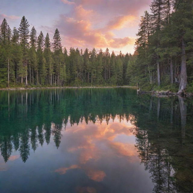 Generate a serene landscape with a crystal clear lake reflecting the glorious sunset, framed by tall, dense pine trees