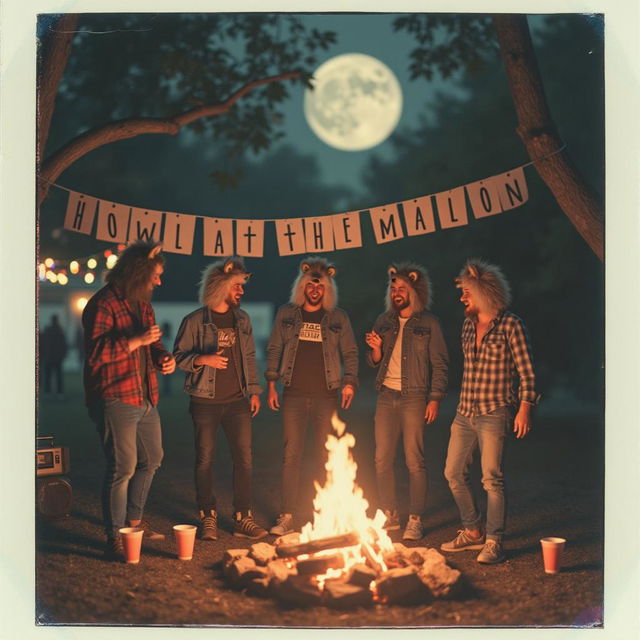 A vintage Polaroid picture capturing the essence of a 1990s frat party featuring werewolves