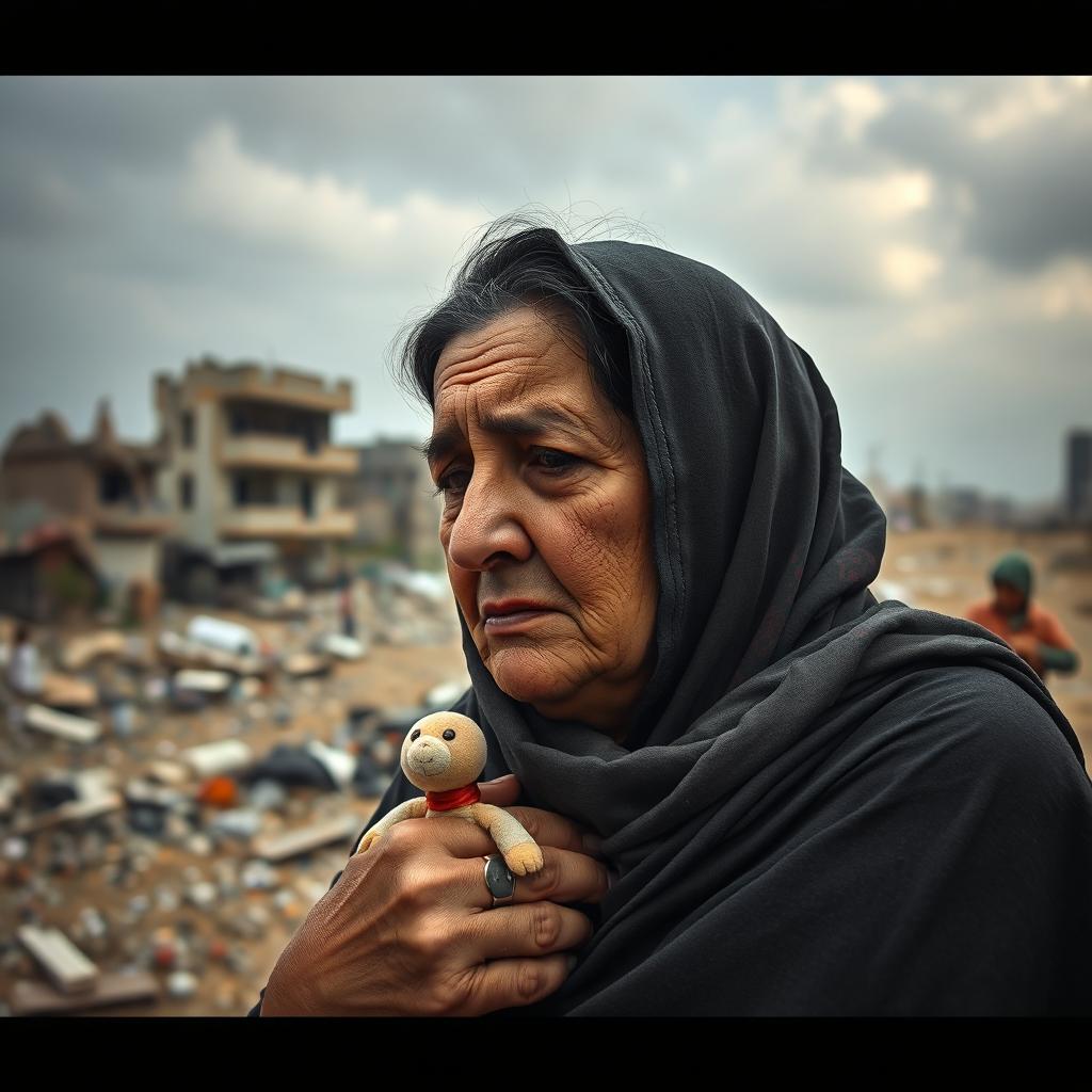 A poignant scene depicting a grieving Palestinian mother, overwhelmed with sorrow as she remembers her lost children in Gaza