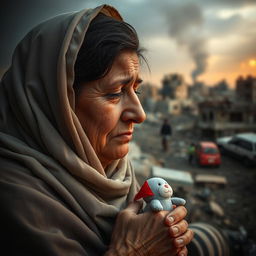 A poignant scene depicting a grieving Palestinian mother, overwhelmed with sorrow as she remembers her lost children in Gaza