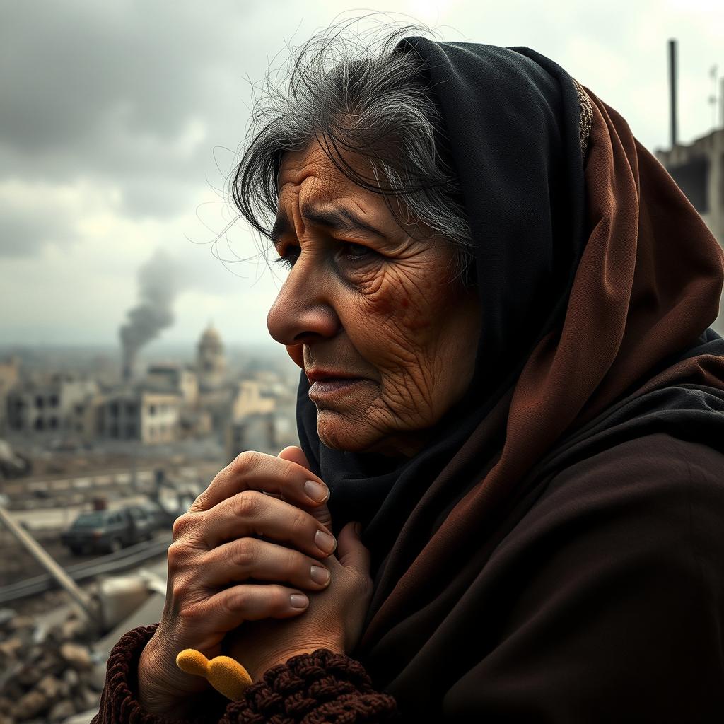 A poignant scene depicting a grieving Palestinian mother, overwhelmed with sorrow as she remembers her lost children in Gaza