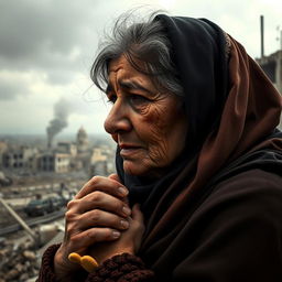 A poignant scene depicting a grieving Palestinian mother, overwhelmed with sorrow as she remembers her lost children in Gaza