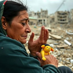 A poignant scene depicting a grieving Palestinian mother, overwhelmed with sorrow as she remembers her lost children in Gaza