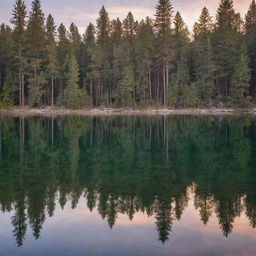 Generate a serene landscape with a crystal clear lake reflecting the glorious sunset, framed by tall, dense pine trees