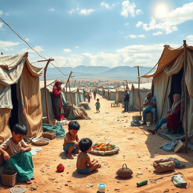 A vivid depiction of life in a refugee camp in Gaza, showcasing families living in makeshift tents