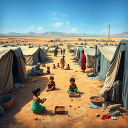 A vivid depiction of life in a refugee camp in Gaza, showcasing families living in makeshift tents