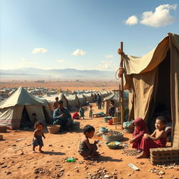 A vivid depiction of life in a refugee camp in Gaza, showcasing families living in makeshift tents