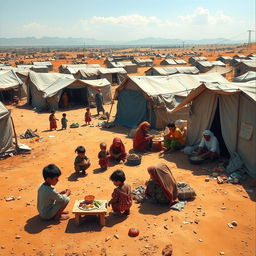 A vivid depiction of life in a refugee camp in Gaza, showcasing families living in makeshift tents