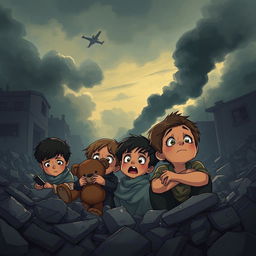 A heartbreaking illustration capturing the trauma experienced by children in Gaza due to the ongoing bombings